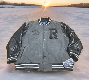 ROCAWEAR Y2K Embroidered Varsity Letterman Jacket 5XL Black&Gray Accent Stripes - Picture 1 of 9