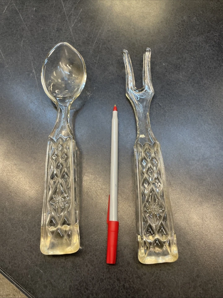 Vintage Crystal Cut Glass Salad Serving Spoon and Fork Set - Image 1 of 1