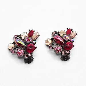 Pendientes de clip con ramo de flores de diamantes de imitación rojos vintage piedra única rosa - Imagen 1 de 5