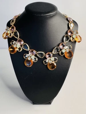 J.CREW Honey Bee Statement Necklace Rhinestone, TealPink And Orange Antique Gold - Image 1 of 4