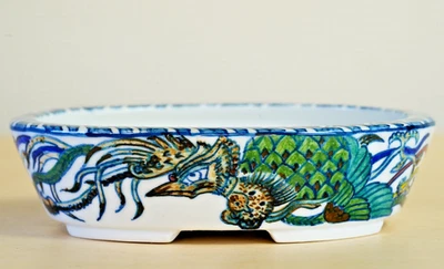 Japanese Bonsai Pot YUKI SHOSEKI 5"(12.8cm) Dragon Painted Oval Y937 - Image 1 of 4