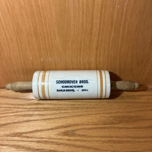 Antique Western Advertising Stoneware Rolling Pin Schoonver Bros. Grocers IOWA - Picture 1 of 11