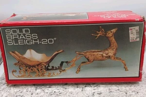Vintage Brass Reindeer Pulling Brass Christmas Sleigh 20" Hand Crafted 1980s  - Picture 1 of 20