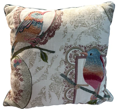 Pier 1 Throw Pillow Embroidered Birds Flowers Fall Cream Pastels Cottage Core - Image 1 of 4