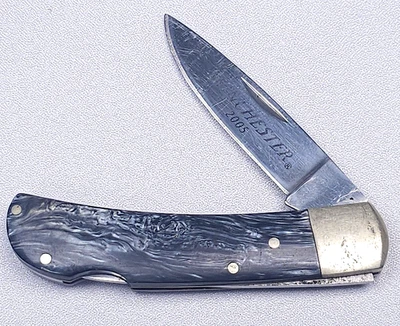 Vintage Winchester 2005 Folding Pocket Knife Black Lock Blade Swirl Pearl Handle - Image 1 of 4