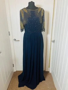 Virgos Lounge Navy Blue Beaded Long Dress - Size 14 - Gold Evening - Picture 1 of 4