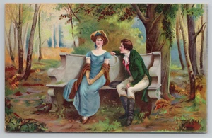 Romantic Couple Lady Chats with Gentleman on Bench in the Forest Postcard 1907 - Picture 1 of 4