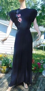 VTG 40s Black Rayon Pink Sequin Cocktail Dress Back Drape 28W - Picture 1 of 15