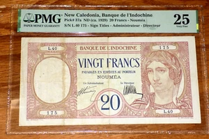 NEW CALEDONIA Banknote 20 Twenty Francs 1929 PMG VF25 Very Fine Noumea P-37a - Picture 1 of 4