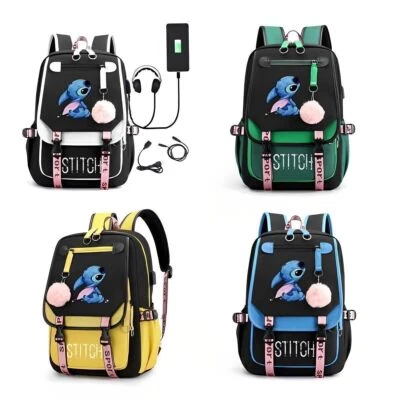 Anime Stitch USB Backpack Boys Girls Travel Rucksack Schoolbag Mochila Gift - Bild 1 von 4