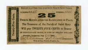1862 25c The Parish of Saint Mary - Franklin, LOUISIANA Note CIVIL WAR Era - Picture 1 of 2