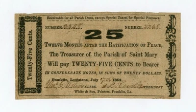1862 25c The Parish of Saint Mary - Franklin, LOUISIANA Note CIVIL WAR Era - Image 1 of 2