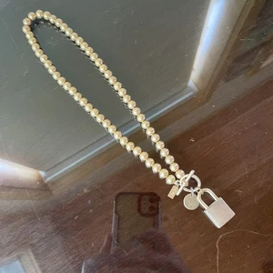 Goldfarbene Perlen Vorhängeschloss Knebel Anhänger Halskette 16" schicke Mode Y2K - Bild 1 von 7