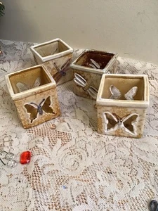 4 Dragonfly & Butterfly Earthy Brown Marbled Glaze Votive Candle Holder Ceramic - Picture 1 of 10