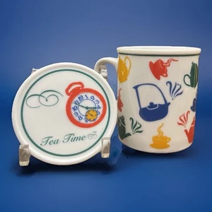 Vtg Japan 12oz Tea Time Porcelain Mug W/lid Primary Colors - Picture 1 of 13