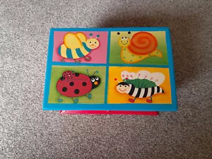 Wooden box, hinged lid,childs trinket box, with hand painted Garden Creatures - Picture 1 of 5