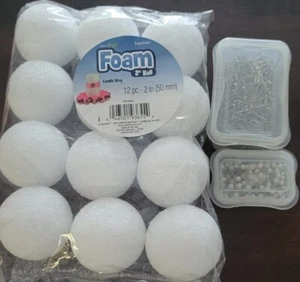 Styrofoam 2-inch Ball (12 Balls Total) And TWO Boxes Of Pins (Mini Ornaments) - Picture 1 of 2