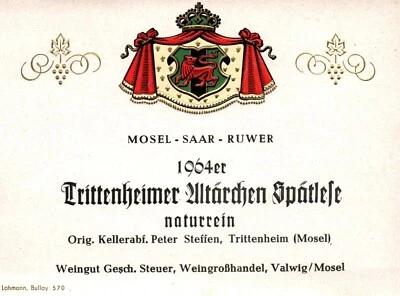 German Wine Label 1960s 1964er Mosel Saar Ruwer Trittenheimer Altarchen Embossed - Image 1 of 2