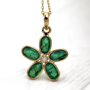 Natürlicher Smaragd Diamant Anhänger 10k Massiv Gelbgold Anhänger Mit 18 " Kette - Bild 1 von 5