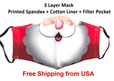 Santa Face Mask Cover Halloween Christmas Reusable Washable Fashion 2 Filters - Image 1 of 4