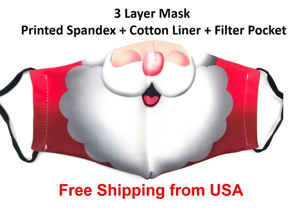 Santa Face Mask Cover Halloween Christmas Reusable Washable Fashion 2 Filters - Image 1 of 4