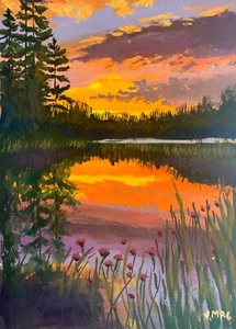 Original Landscape Painting Signed Sunset Sky Lake Nature Collectible Art - Picture 1 of 1