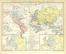 Staatsformen politische Weltkarte  Kolonien alte Landkarte Lithographie ca. 1892