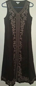 J Jill PureJill Linen Maxi Dress Embroidery Brown Floral Boho Shift Size XS - Picture 1 of 4
