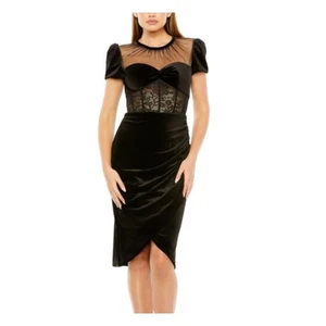 NWT Mac Duggal Sheer Neck Lace Corset Floral Tulip Hem Black Velvet Midi Dress2 - Picture 1 of 10