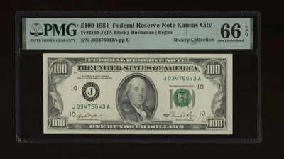 DBR 1981 $100 Kansas City Gem Fr. 2169-J PMG 66 EPQ Serial J03475043A - Image 1 of 2