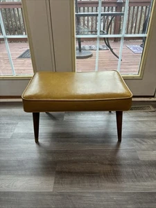Mid Century Modern Antique Stool Ottoman Footstool Leather MCM Mustard Color - Picture 1 of 14