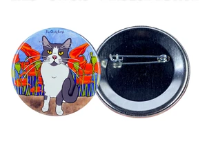 Tuxedo Cat Poppy Flower Pin Button Badge Kitty Gifts and Collectible Accessories - Picture 1 of 12