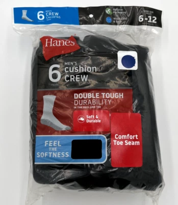 NEW!!! Hanes Black Double Tough Cushioned Crew Socks - Wicking FreshIQ Odor 6-12 - Image 1 of 2