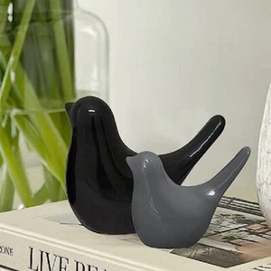 Ceramic Figurines Loving Birds For Office Desk Black & Grey Color Set Of 2 - Picture 1 of 4