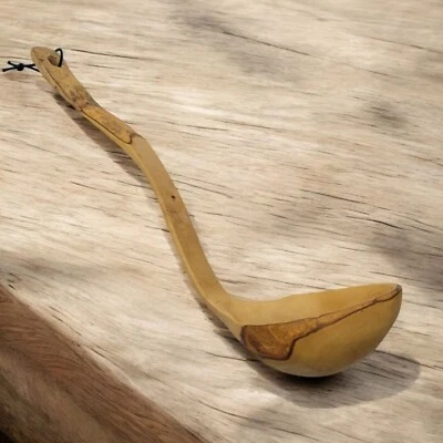 Handmade Wooden Ladle Guatemala Curved Handle Hanging Loop Natural Cottage - Image 1 of 4