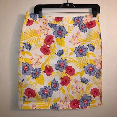 Antigua Falda Recta Azul Marino Estampado Floral Y Palma Amarillo Rosa y Azul Talla 6 Foto 1 de 4