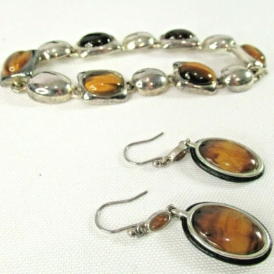Коричневый янтарь Tiger глаз стекла кабошон браслет серьги серебристого тона магнитные - Изображение 1 из 4