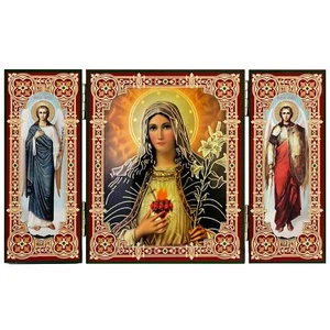 Sacred Heart of Mary Icon Triptych With Archangels Michael & Gabriel 3 1/4" tall - Picture 1 of 4