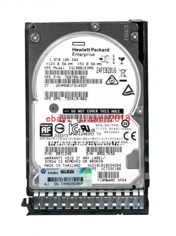 HPE 791034-B21 791055-001 768789-001 1.8T 10K 12G 2.5 SAS G8/G9 HDD Hard Drive - Image 1 of 1