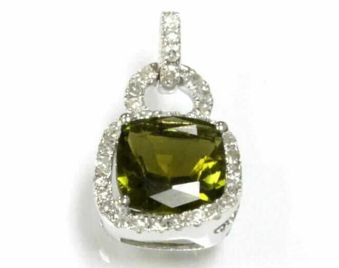 1.6 ctw Natural Green Tourmaline & Diamond Solid 14k White Gold Halo Pendant - Image 1 of 2