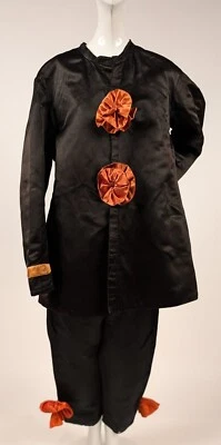 ANTIQUE 1920’S BLACK SILK SATIN 2 PC CLOWN HALLOWEEN COSTUME W ROSETTES - Image 1 of 4