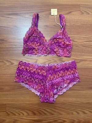 Bralette cruzado de encaje Hanky Panky y parte inferior hipster en rosa brillante nuevo sin etiquetas S/M Foto 1 de 4