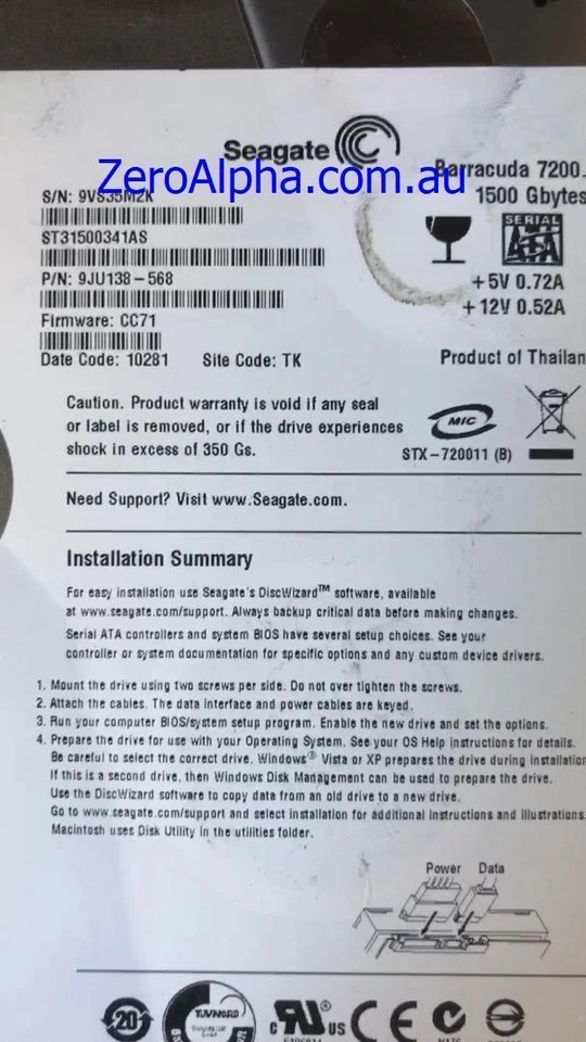 ST31500341AS, 9JU138-568, CC71, TK, 9VS3 Seagate Data Recovery Donor Hard Drive - Image 1 of 1