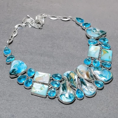 Handgefertigte ethnische Schmuckhalskette Perlmutt Blautopas Edelstein 18 Zol... - Bild 1 von 4