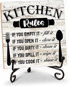 Rustic Wood Plaque with Stand - Kitchen Decor - Kitchen Rules Wood Sign - Idea W - Picture 1 of 12