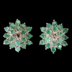 925 Orecchini Argento Sterling Rotondo Smeraldo Zaffiro Naturale Gemma Gioielli - Foto 1 di 13