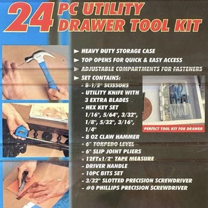 24 Pc Utility Drawer Tool Kit, Heavy Duty Storage Case, Adjustable Compartments - Picture 1 of 4