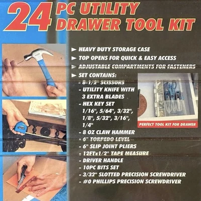 24 Pc Utility Drawer Tool Kit, Heavy Duty Storage Case, Adjustable Compartments - Image 1 of 4