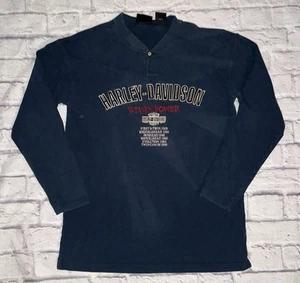 Harley Davidson Henley Herren Medium Blue Skulls HD USA Y2K Twin Motorrad *lesen - Bild 1 von 6