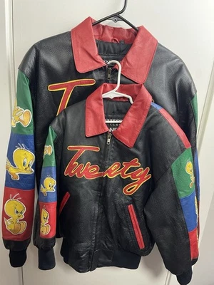 Vntg Rare Tweety Bird Looney Tunes Leather Jacket PAIR Adult & Kids Size Smalls - Image 1 of 4